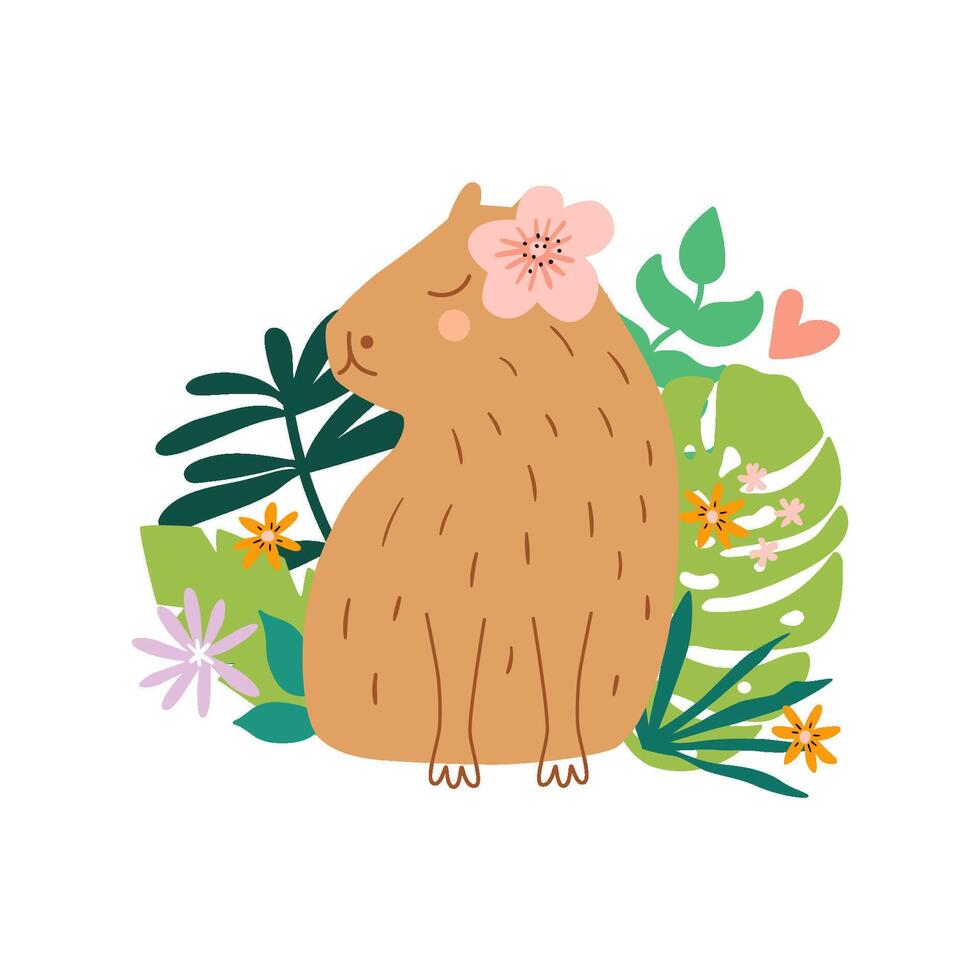 Cute capybara animal into tropical leaves, summer vector decorative element isolated on white. Funny capy character for sticker, posters, cards. Adorable nice animal. Childish hand drawn illustration.