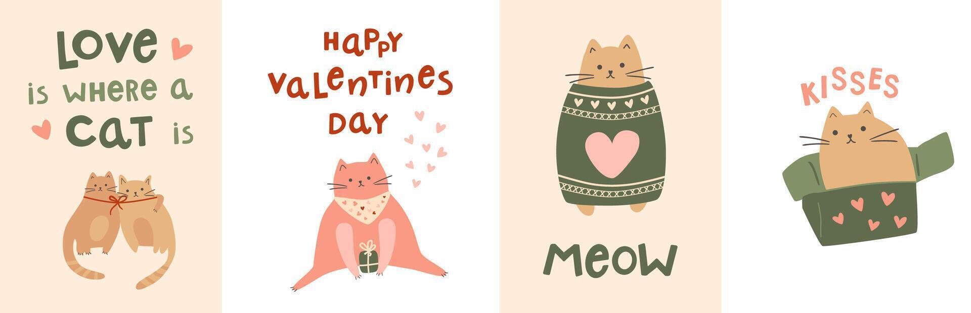 contento san valentin día tarjetas conjunto con linda gatos, saludo frases, vector letras diseño para 14 febrero. gracioso gatos en amar, pareja, gatito en caja, mascota usa suéter recopilación, romántico ilustración.