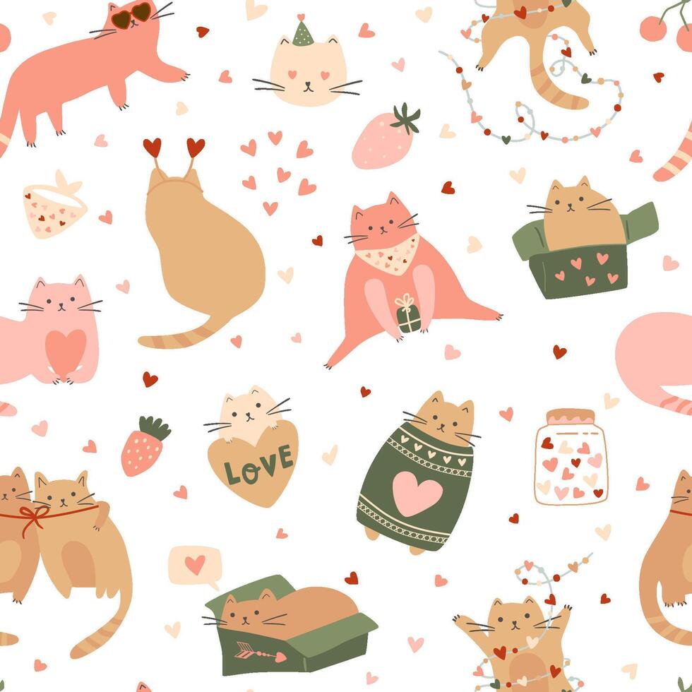 Valentines Day cats seamless pattern. Pink romantic repeat background with funny cats wear sweater, hearts, cute pets. Vector lovely wallpaper, print, fabric, textile design for 14 February, cute pets