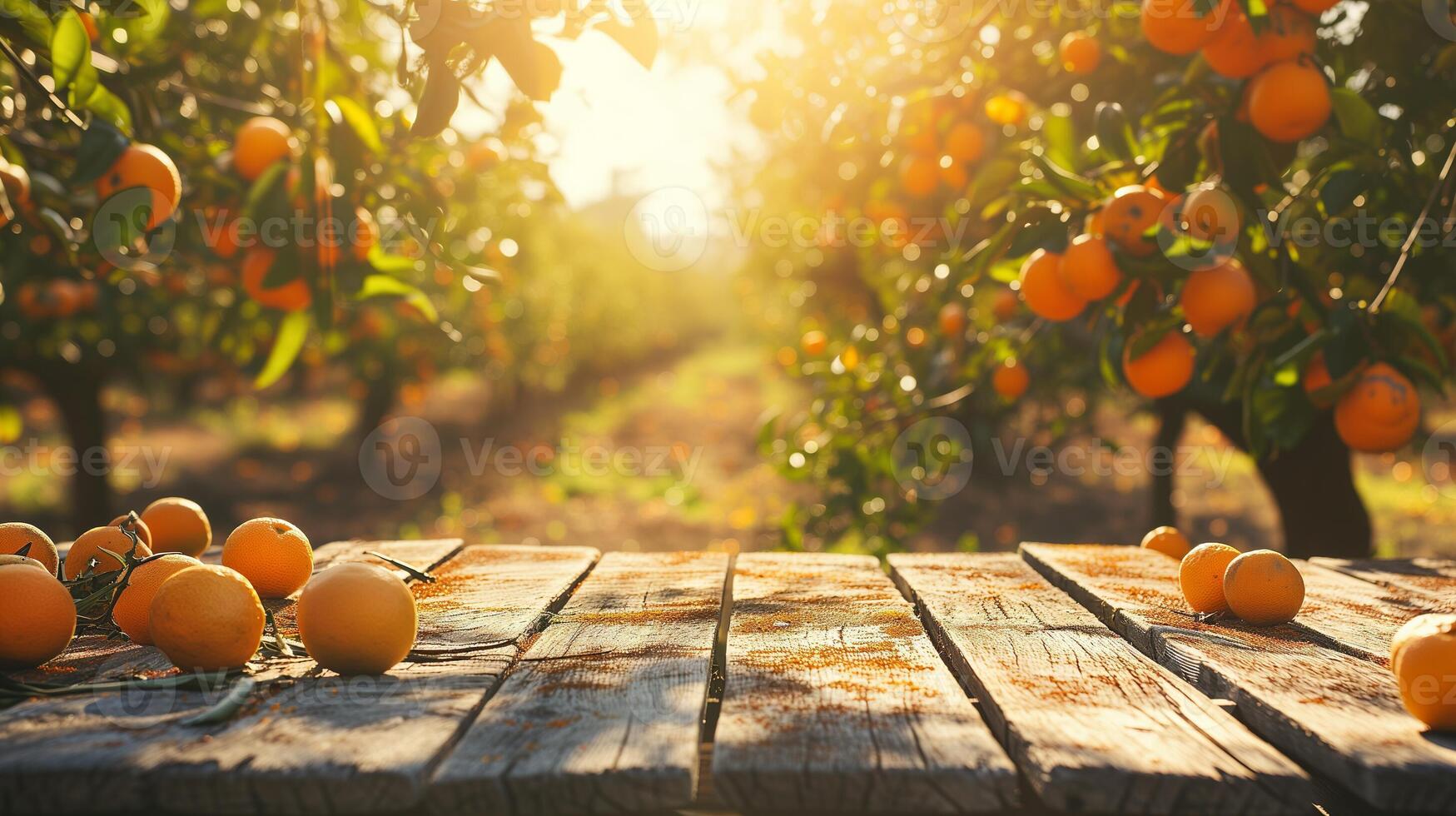 AI generated Empty wood table with free space over orange trees, orange field background. For product display montage photo