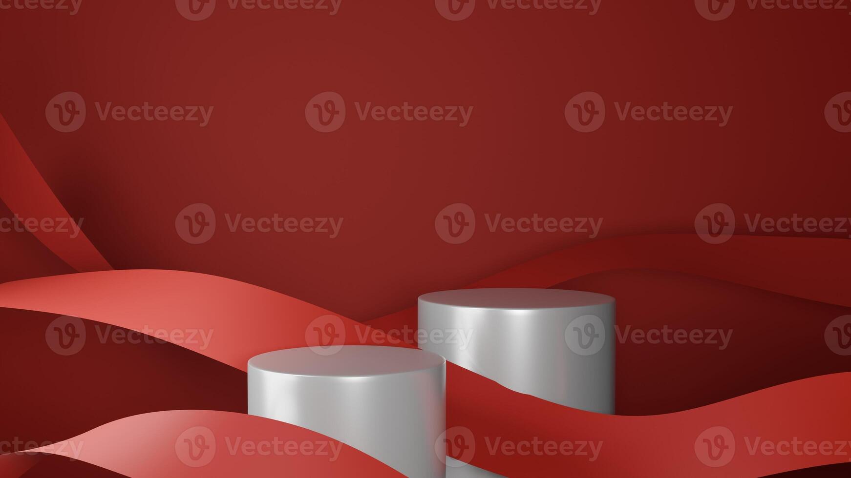 3D Rendering Red ribbon with silver podium abstract background photo