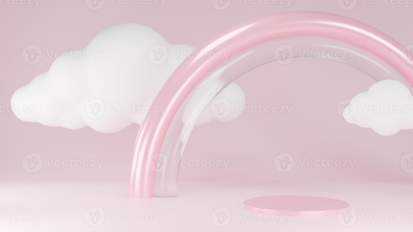 3D Rendering pink sky rainbow podium with clouds photo