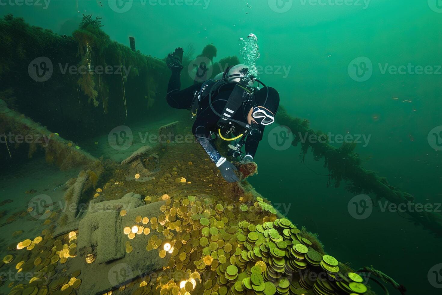 AI generated A scuba diver exploring a spanish galleon wreck full of gold coins photo