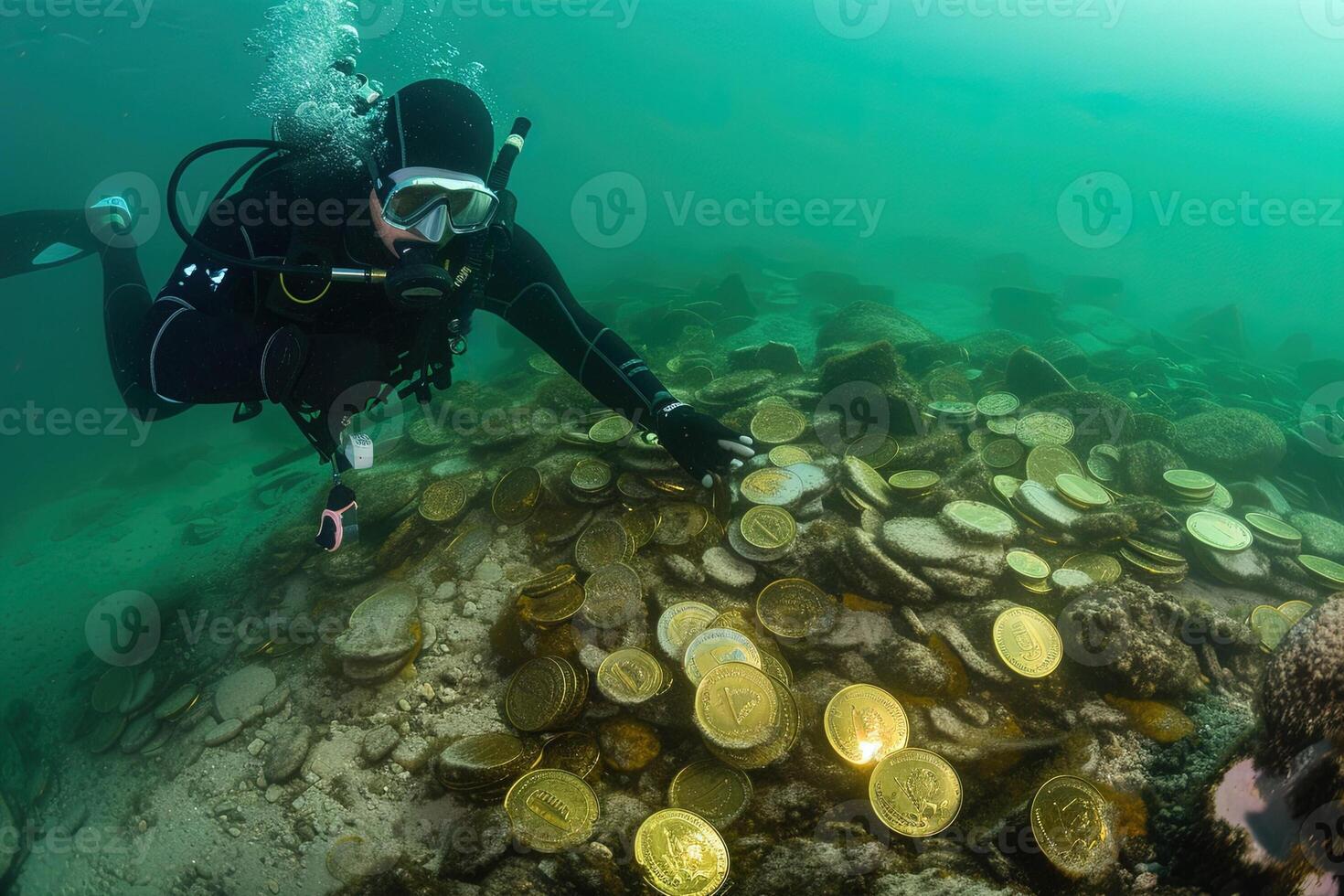 AI generated A scuba diver exploring a spanish galleon wreck full of gold coins photo