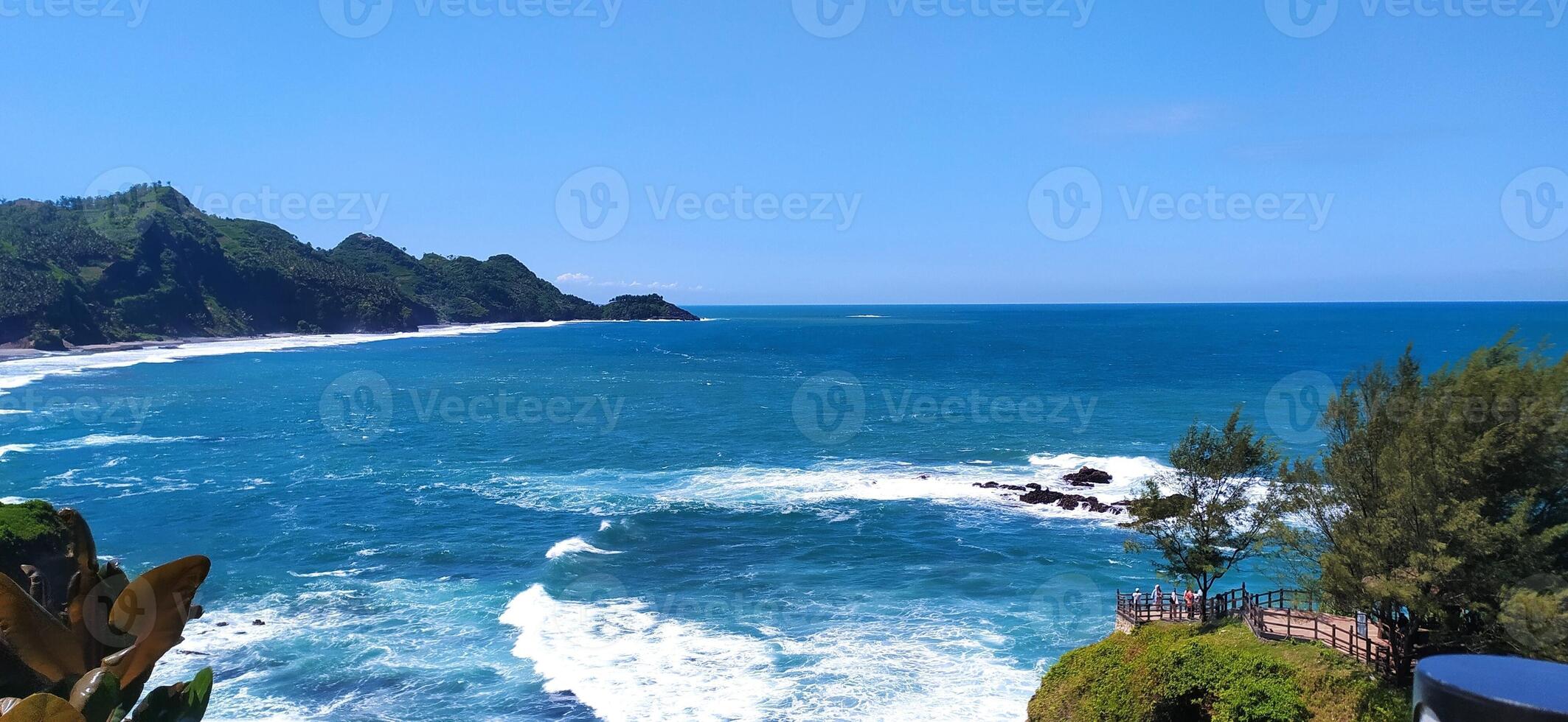 a view of the ocean and mountains from a hill photo