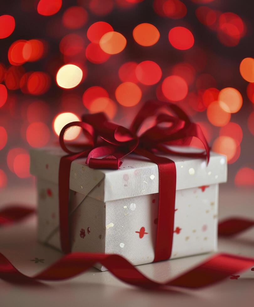 AI generated Gift box with red ribbon, valentine's day bokeh background photo