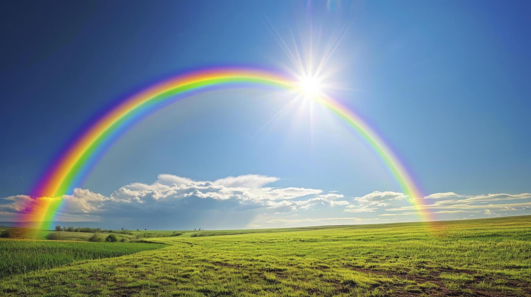 AI generated rainbow with sunshine over the field photo