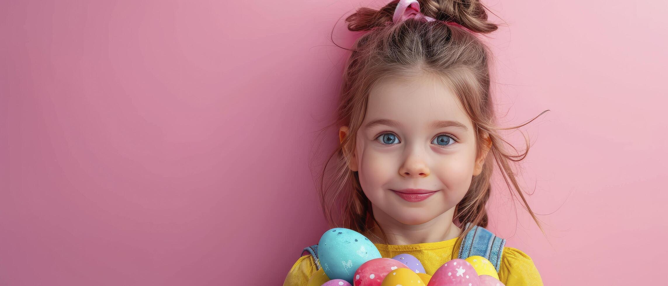 AI generated A little girl against a isoloted pink background, Happy Easter Day photo