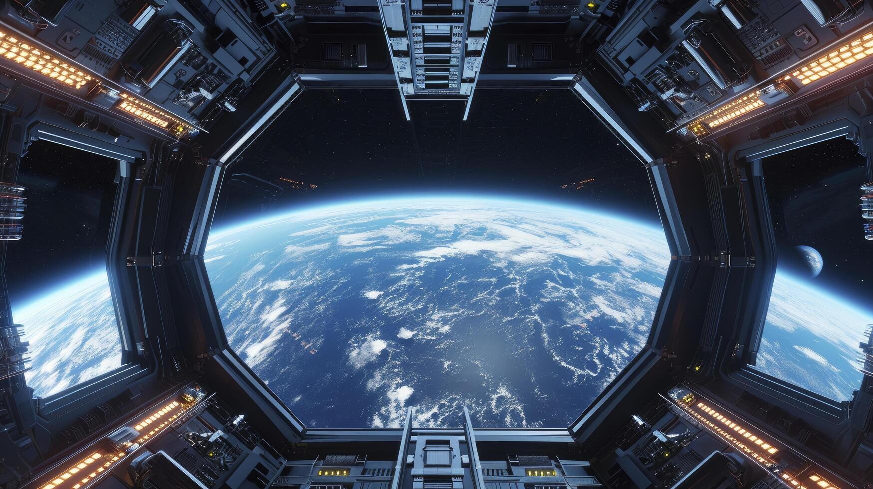 ai generado astronave futurista interior con ver en planeta tierra. foto