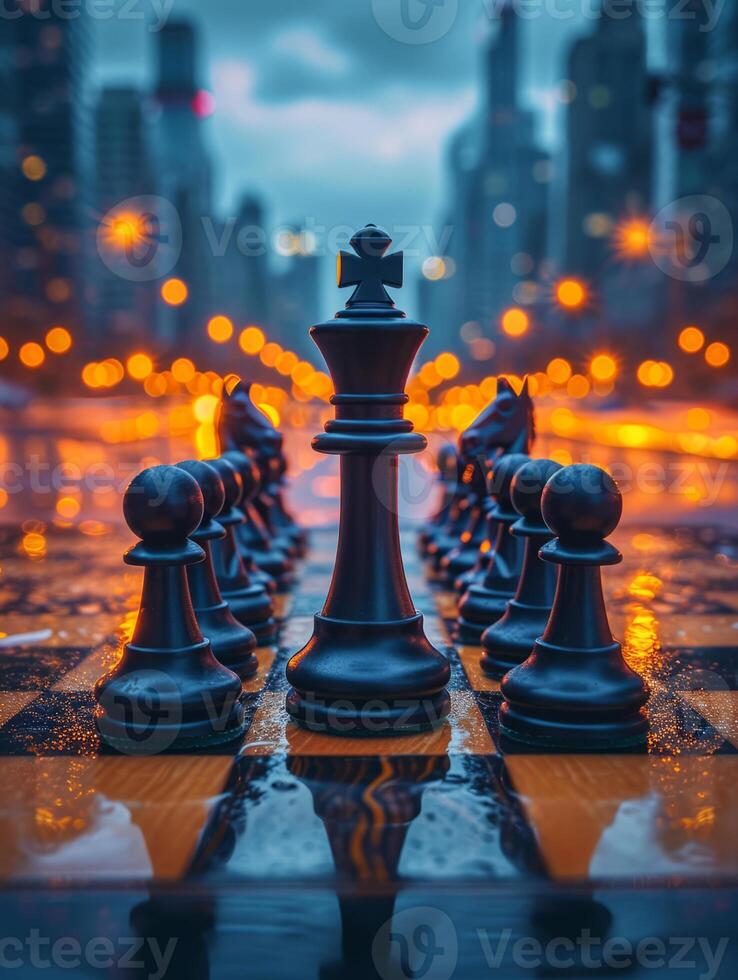 AI generated Chess board on carpet containing chess pieces. An image of a chess board displaying a black king, highlighting the strategic nature of the game. photo