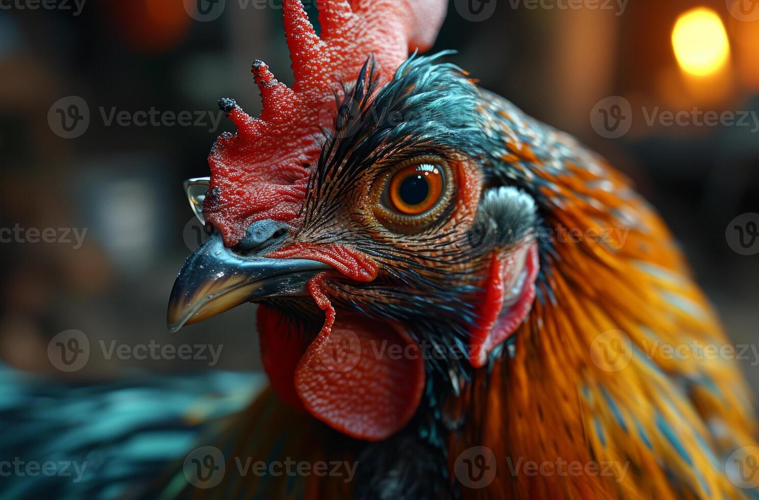 ai generado un pollo con lentes con el palabras en. un detallado de cerca imagen de un gallos cabeza, con el antecedentes ingeniosamente borroso. foto