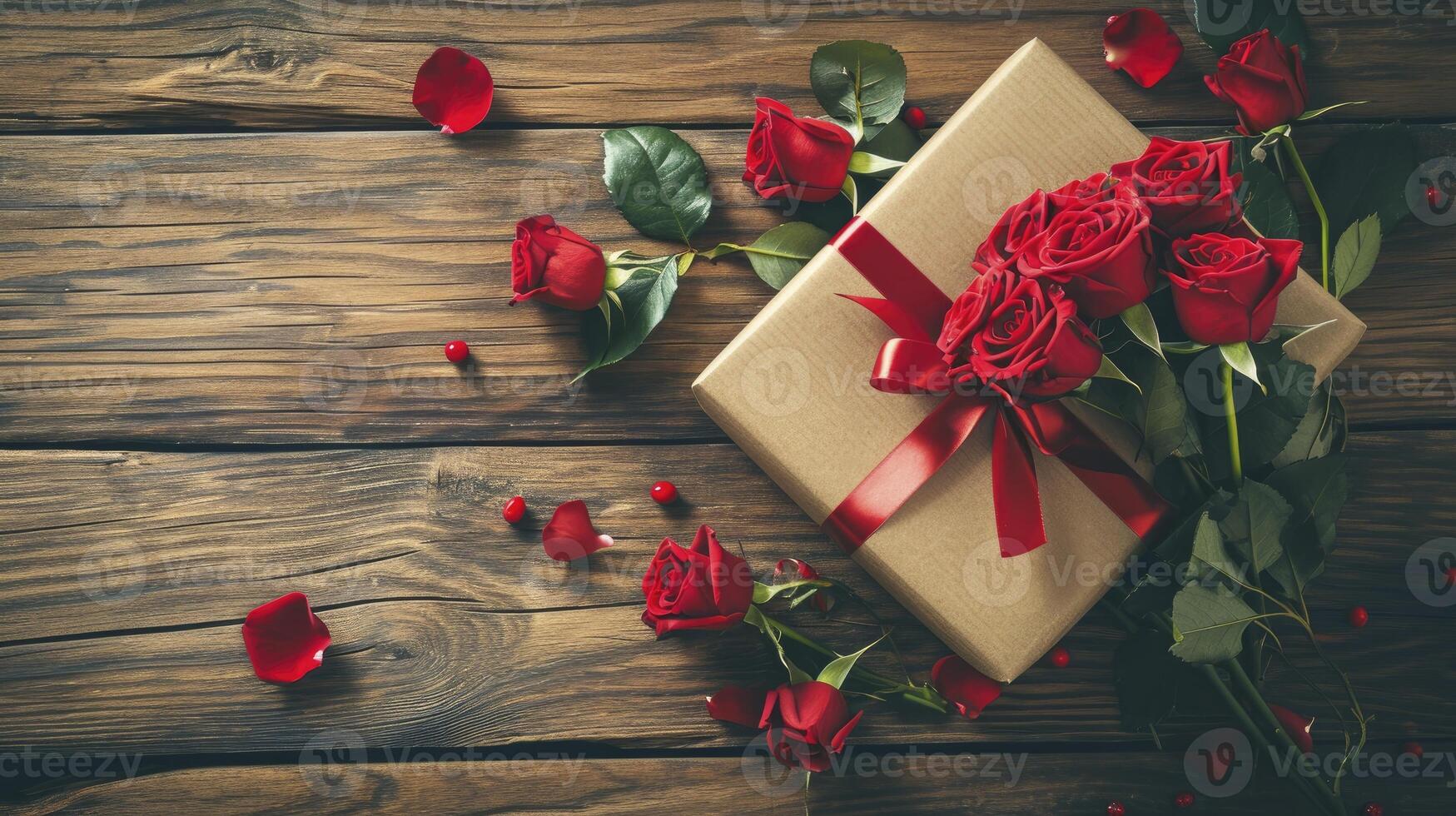 AI generated Valentines concept with bouquet of roses and wrapped gift box on wooden table photo