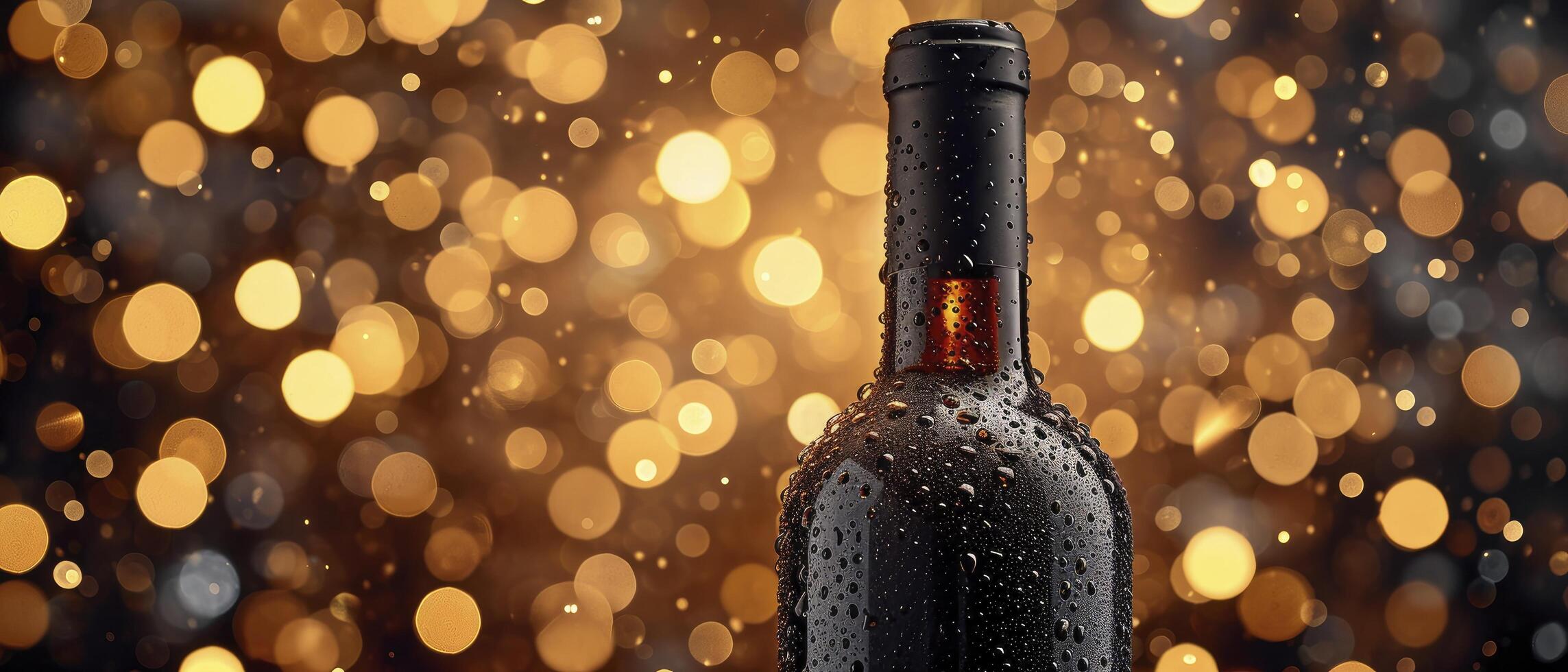 ai generado de cerca de un clásico botella con brillante condensación, en medio de un festivo celebracion. borroso luces y bokeh efecto mejorar el atmósfera de celebracion. foto