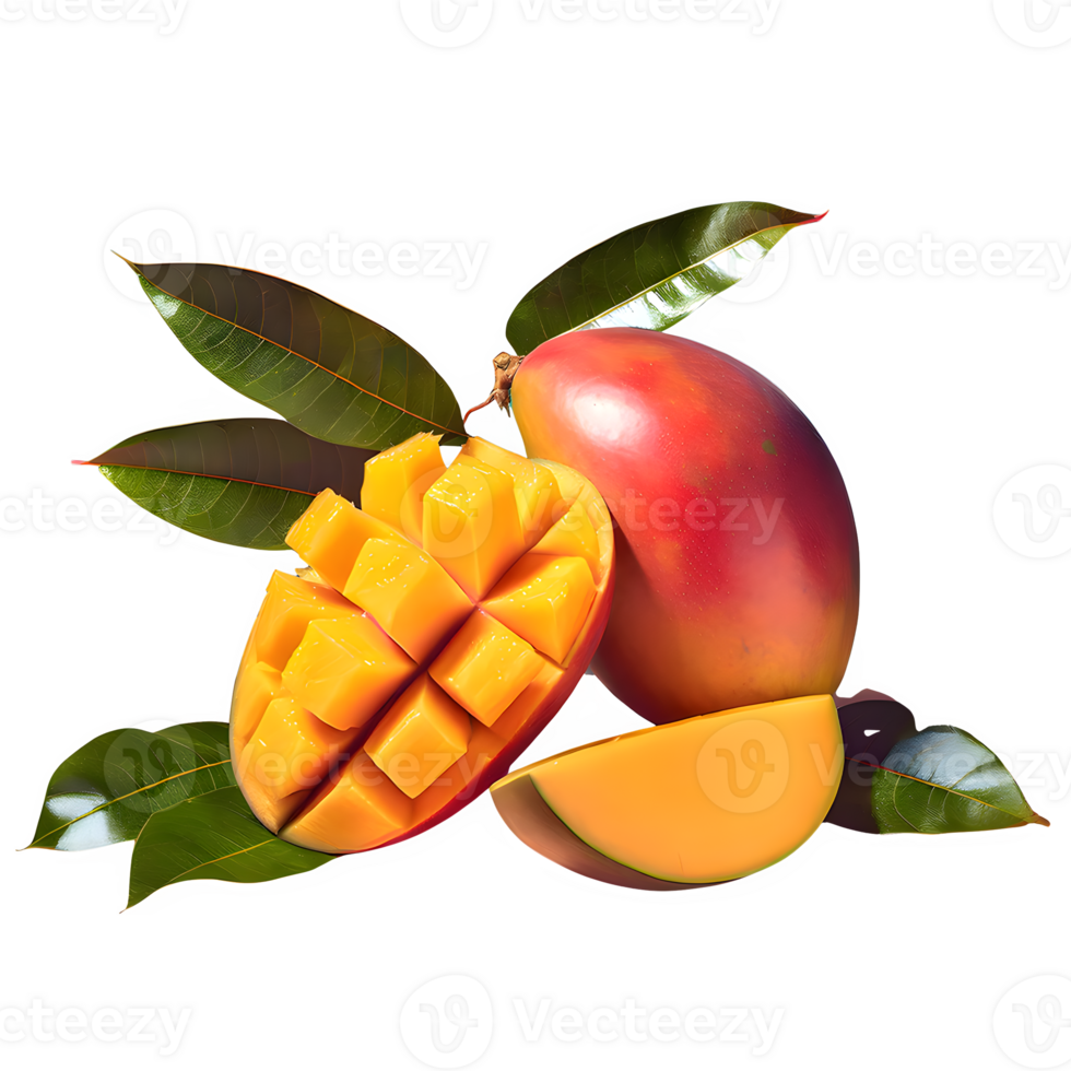 AI generated Mango fruit and sliced with leaves isolated on transparent background png