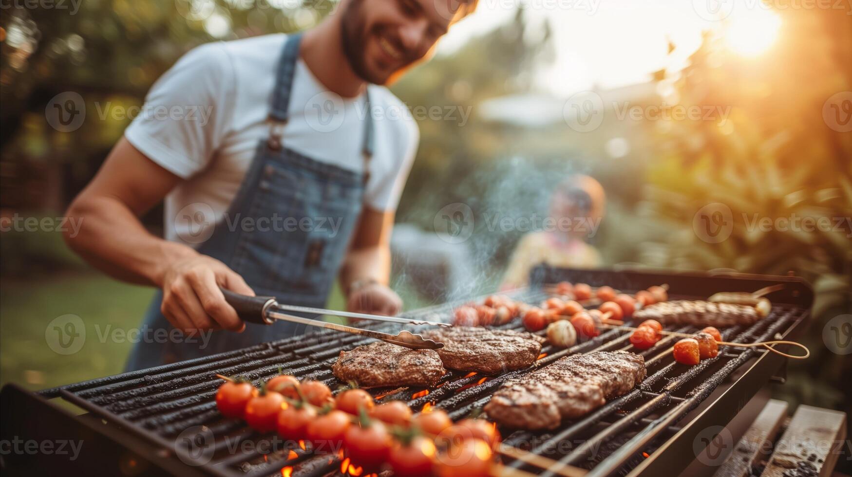 AI generated Man Grilling Meat and Vegetables on a Grill photo