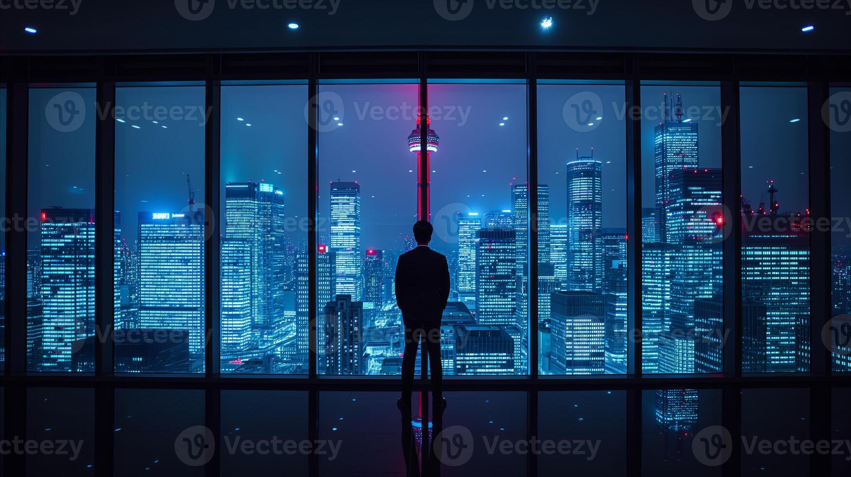 AI generated Man Standing in Front of Window, Looking Out at City Skyline photo