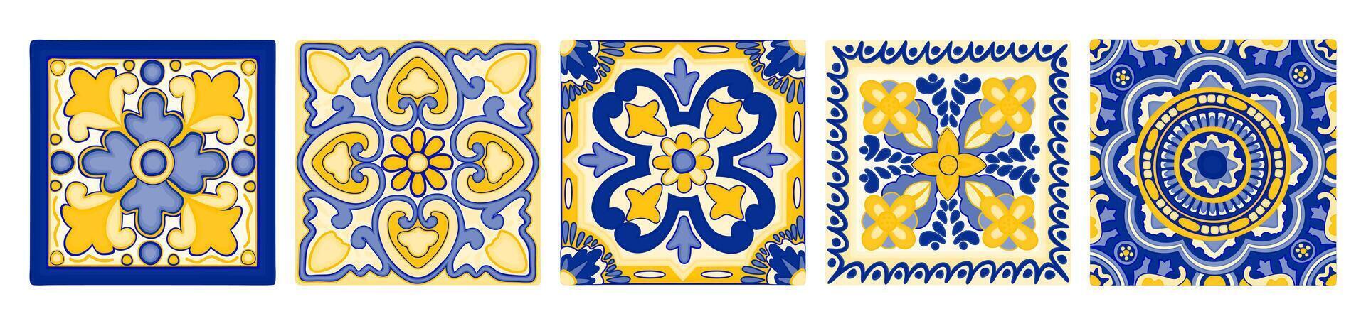 Mediterranean tiles. Azulejo decorative art. Vector set isolated on white background