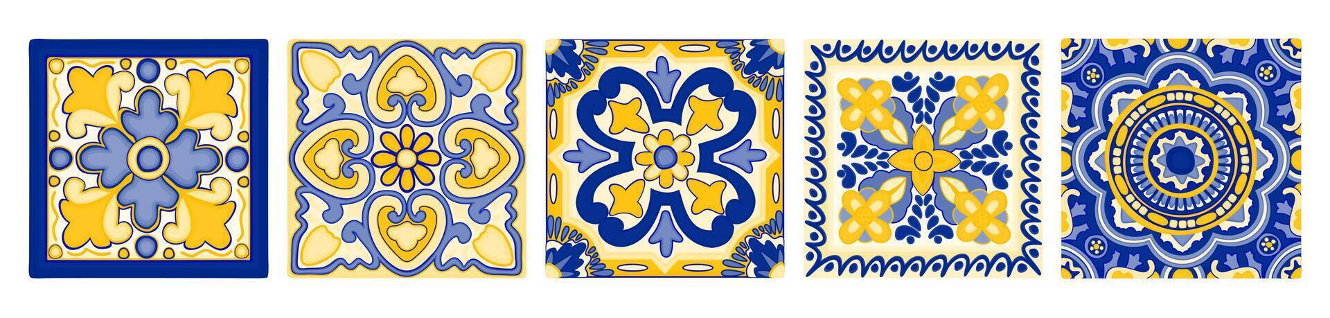 Mediterranean tiles. Azulejo decorative art. Vector set isolated on white background