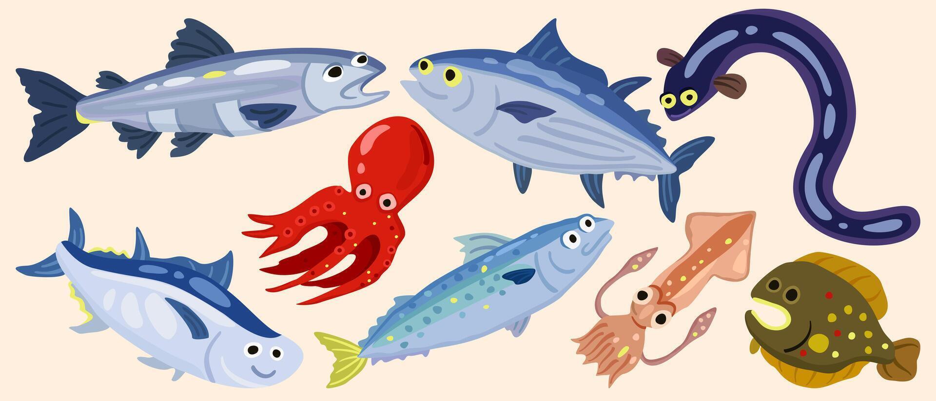 Vector cute set of marine animals. Salmon, bonito, freshwater eel, tuna, octopus, mackerel, squid, flounder