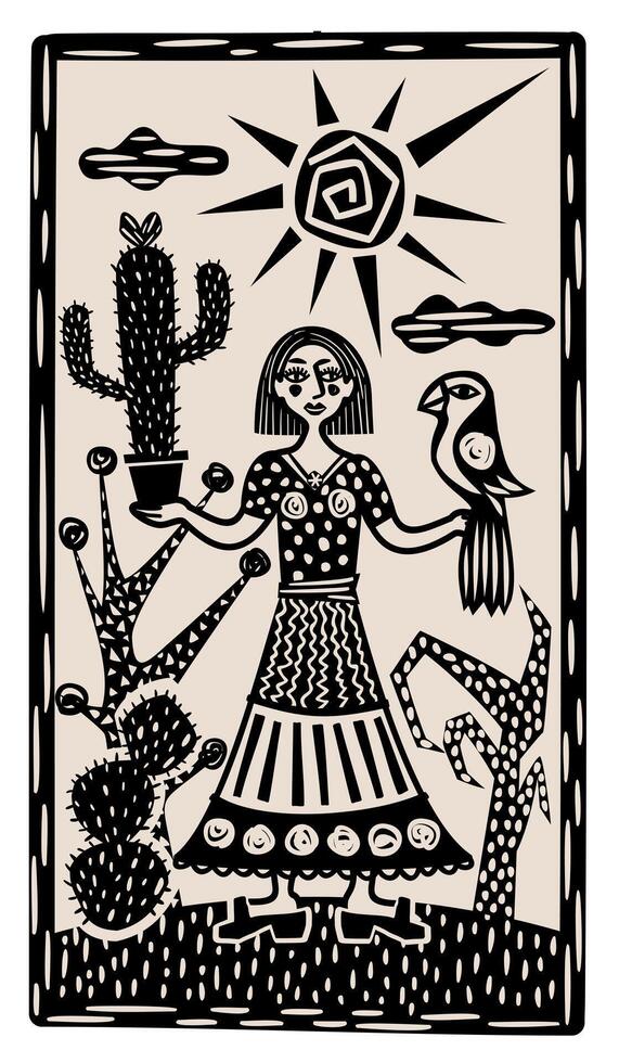 Brasilian cordel style. Woman with cactus and parrot. Woodcut style vector
