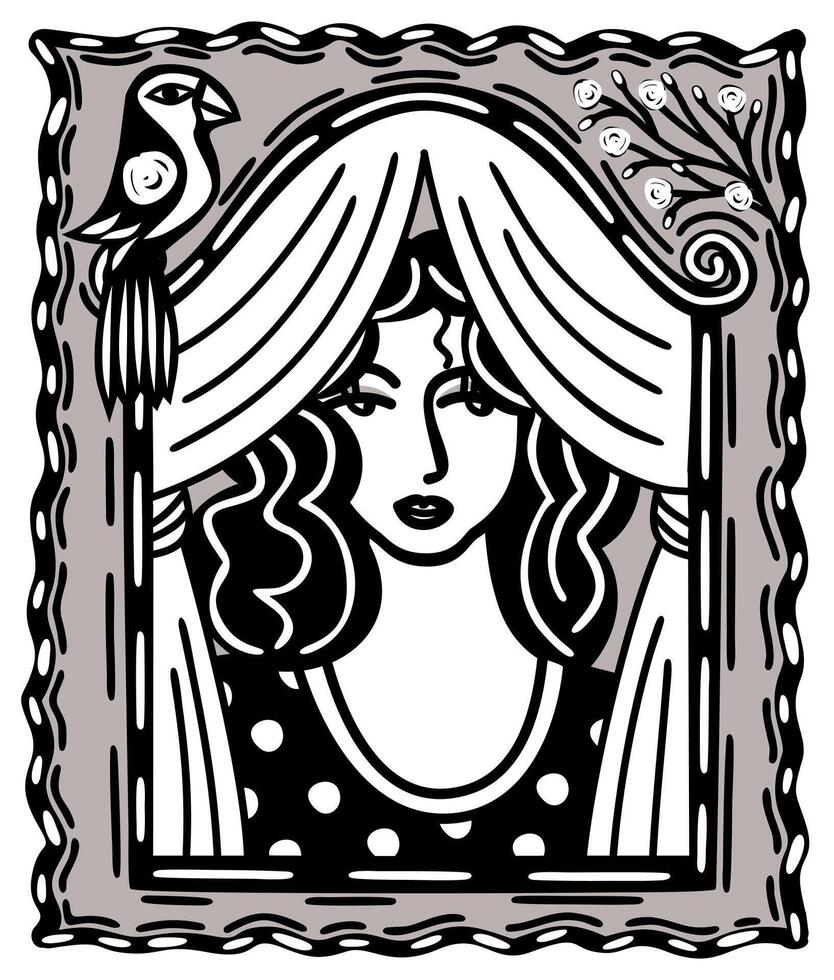 mujer mirando en ventana. brasileño Noreste xilografía ilustración. cordel estilo vector