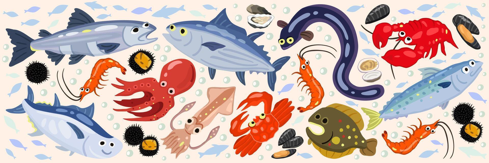 Vector cute set of marine animals. Salmon, bonito, freshwater eel, tuna, octopus, mackerel, squid, flounder, shrimps, crab, lobster