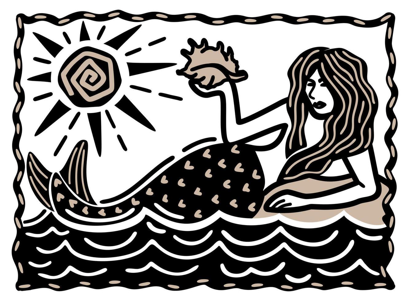 Mermaid with seashell on the rock in the sea under the sun. Brazilian cordel style. Woodcut illustration vector