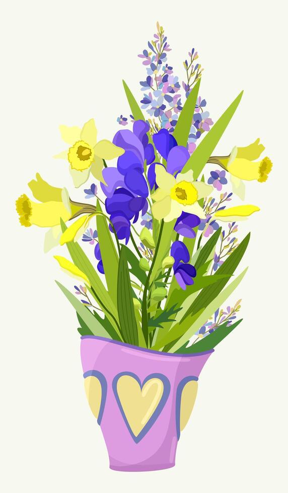 Soft bouquet of spring flowers in pink decorative vase vector