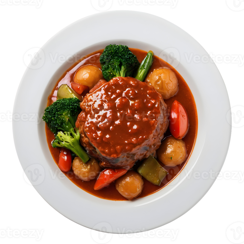 AI generated Gourmet restaurant menu featuring tender meat in sauce and vegetables isolated on transparent background isolated png