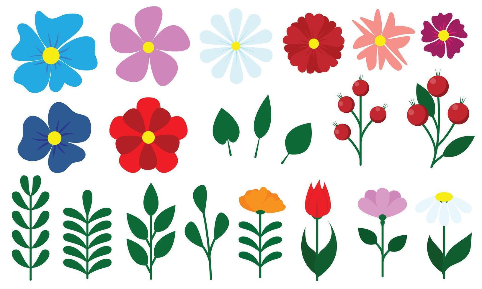 Minimalistic spring florals set. Cartoon simple flowers, leaves, brunches, plants, berries. Vector illustration