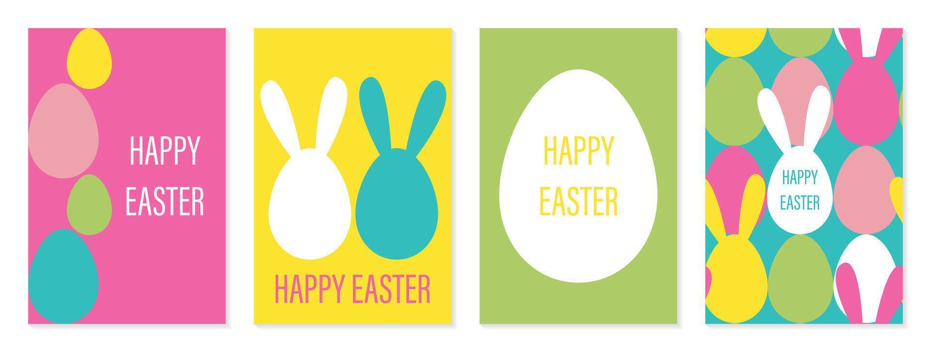 Happy Easter set of posters, cards or covers in modern minimalistic style with eggs and rabbit ears. Trendy cute templates for advertising, branding, congratulations or invitations vector