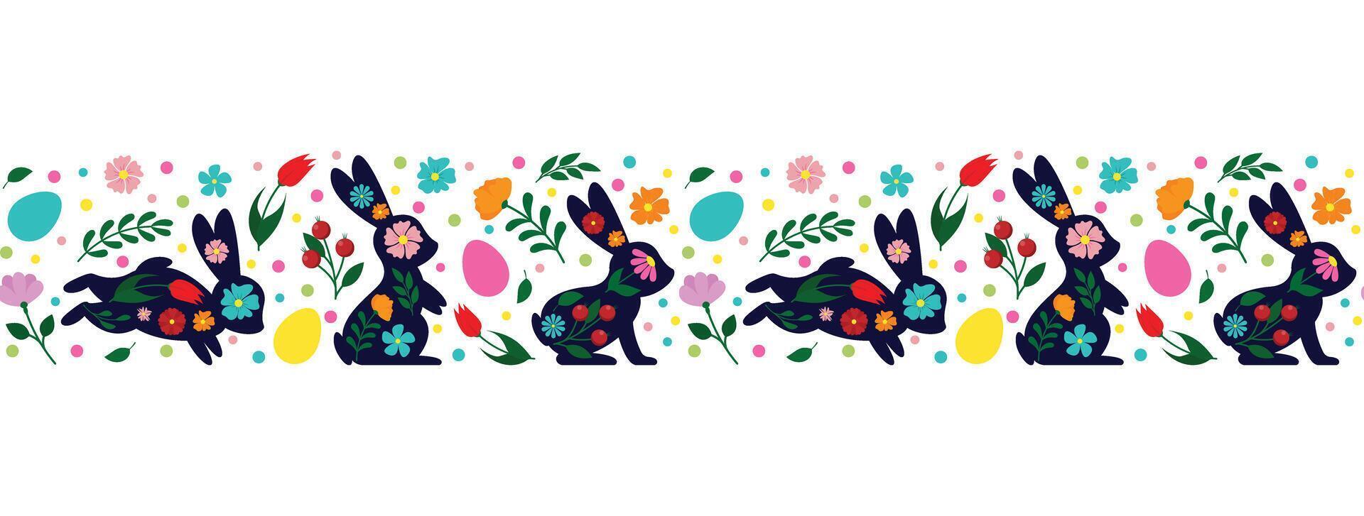 Happy Easter, decorated easter card, banner. Bunnies, Easter eggs, flowers and basket. Folk style patterned design vector