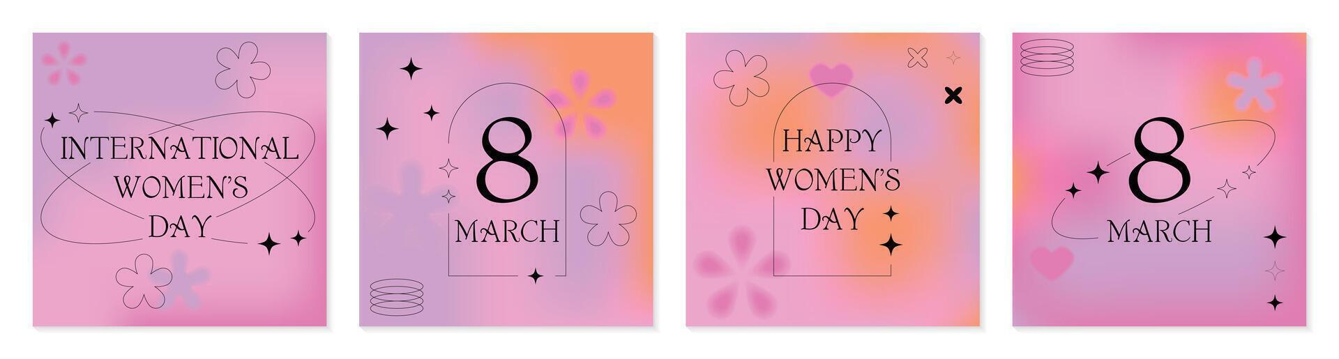 International Women's Day. 8 March banner, set greeting card. Trendy gradients, blurry shapes, typography, y2k, linear forms. Minimalist design for party, ads, cover, social media templates vector
