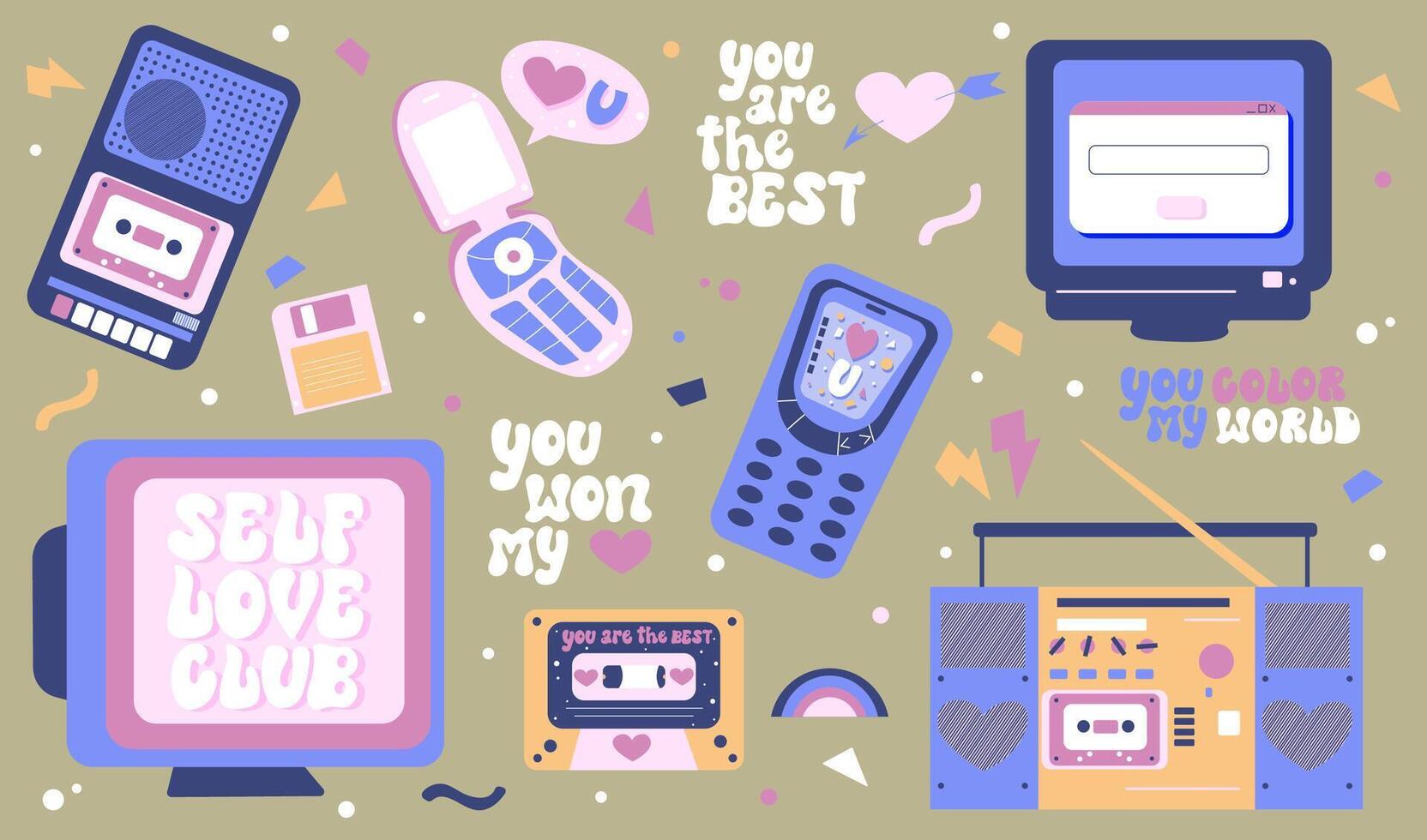 Hand drawn set of retro devices in love and self love concept. Vectro y2k computer, cassette, phone, record player. vector