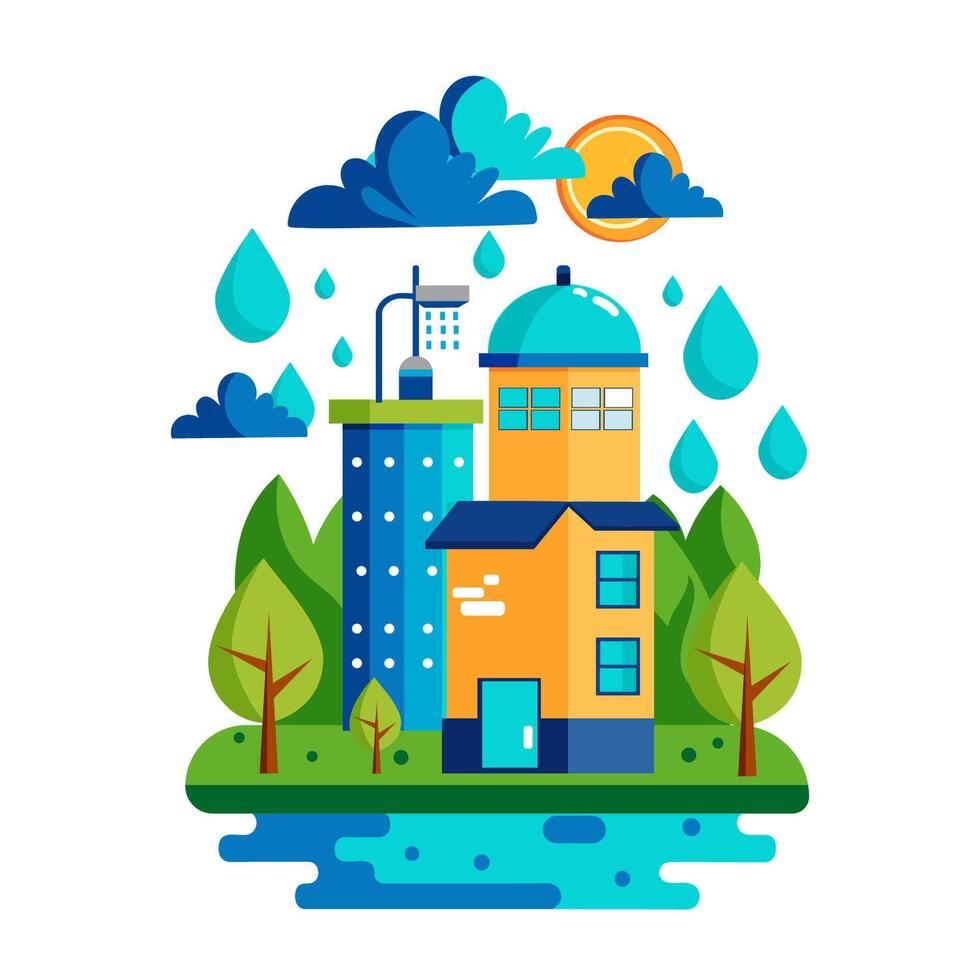 Hand drawn flat illustration of rainwater harvesting in the city. Efficient water use. Vector design of water conservation.