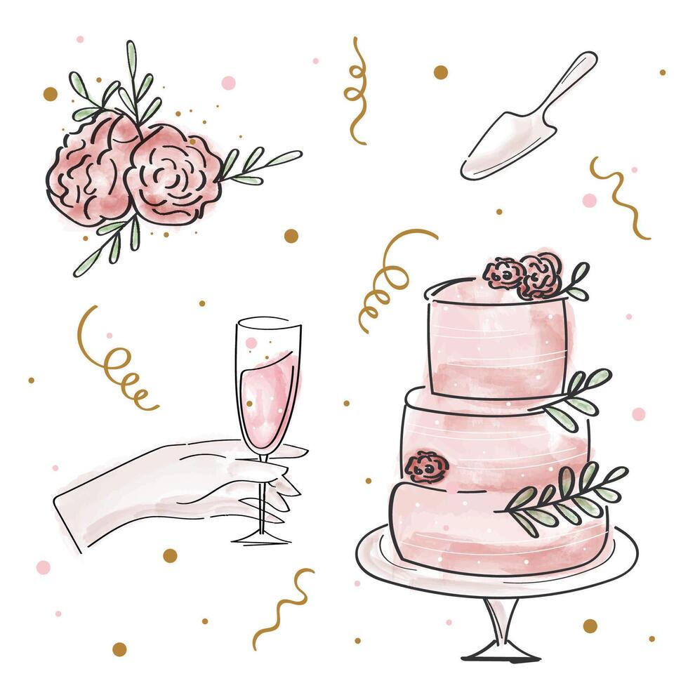 Hand drawn doodle celebration set. Vector watercolor cakes, flowers, champagne, confetti.