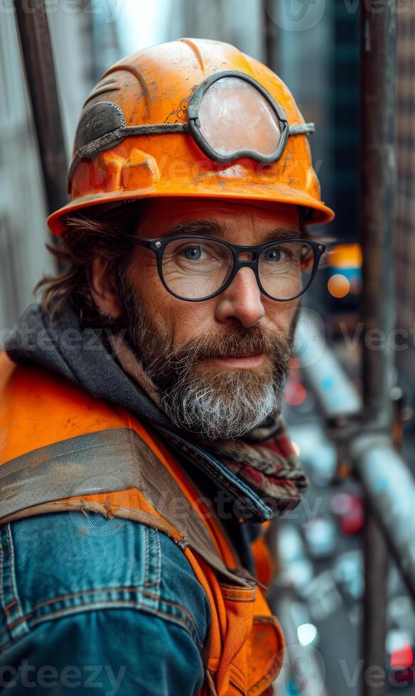 AI generated Portrait of handsome bearded construction worker in protective helmet and glasses looking at camera. photo