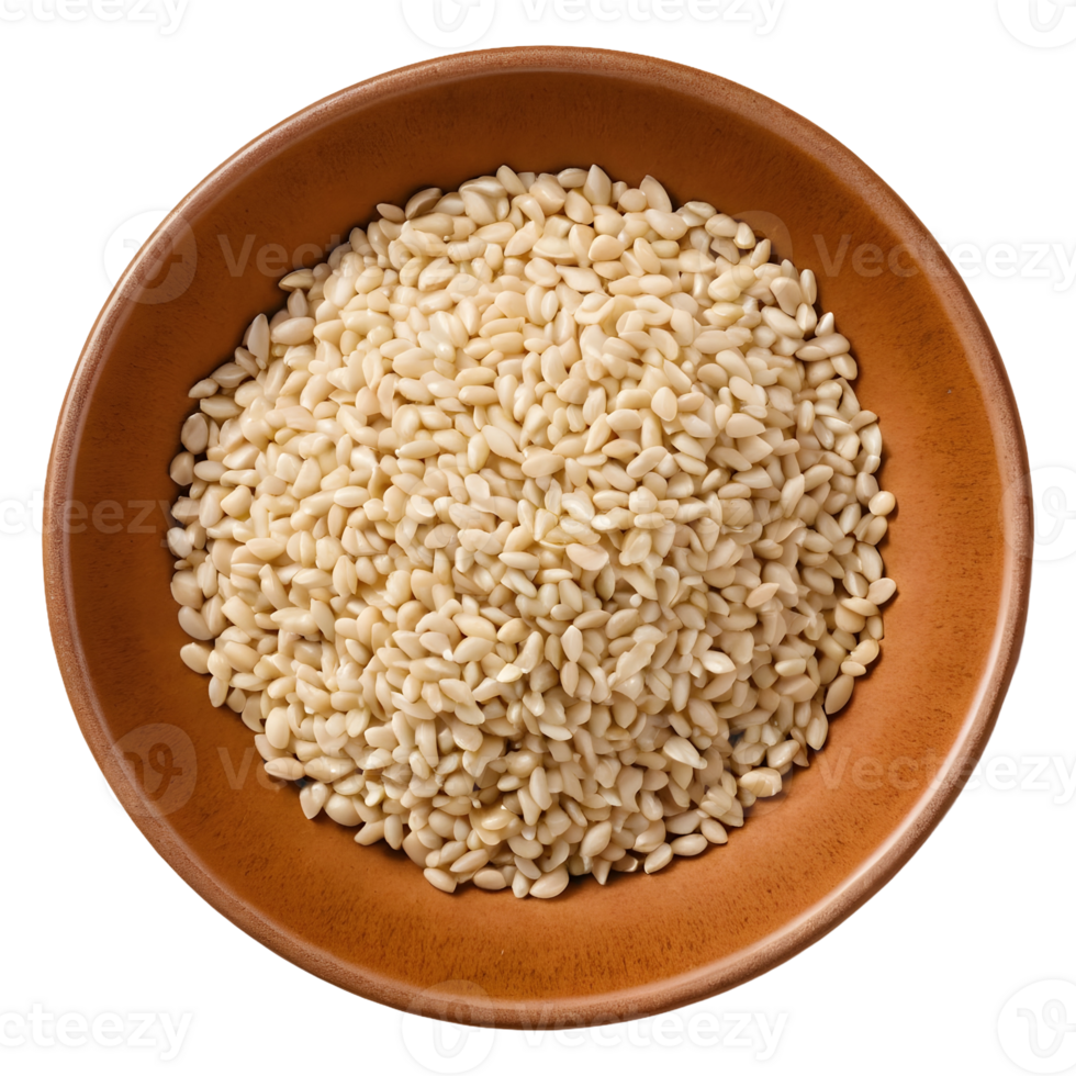 AI generated Closeup of white sesame seeds in a beige bowl cutout organic grains on a plate isolated on a transparent background sesamum indicum for immune boosting diet and calcium source isolated png