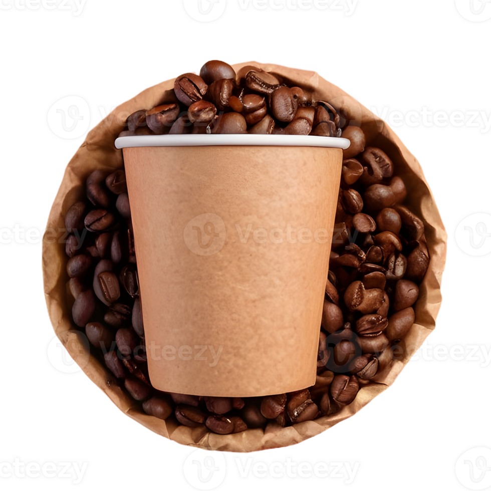 AI generated Coffee beans on a wooden table in a paper cup isolated