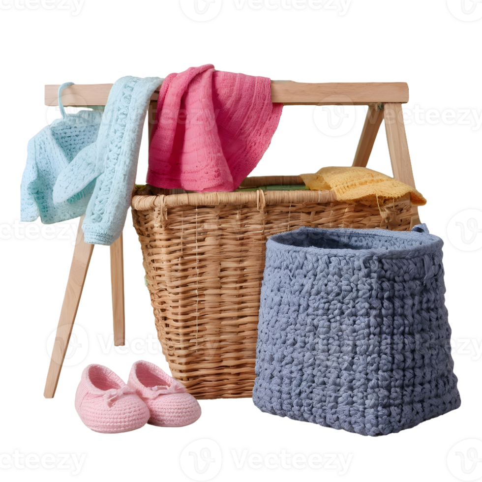 AI generated Baby clothes and crochet toys next to laundry basket on transparent background isolated png