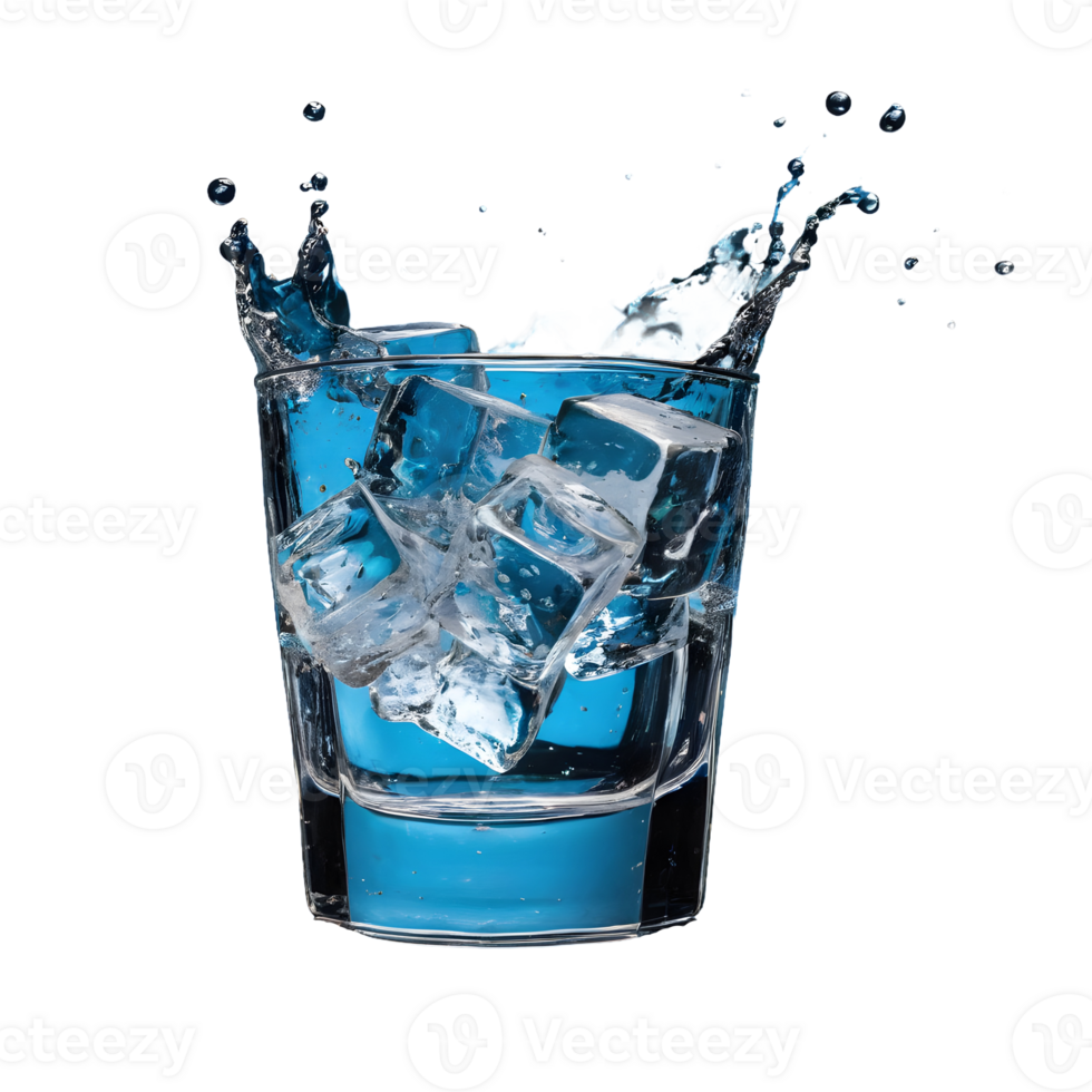 AI generated Ice cubes in a glass of water splashing on a transparent background isolated png