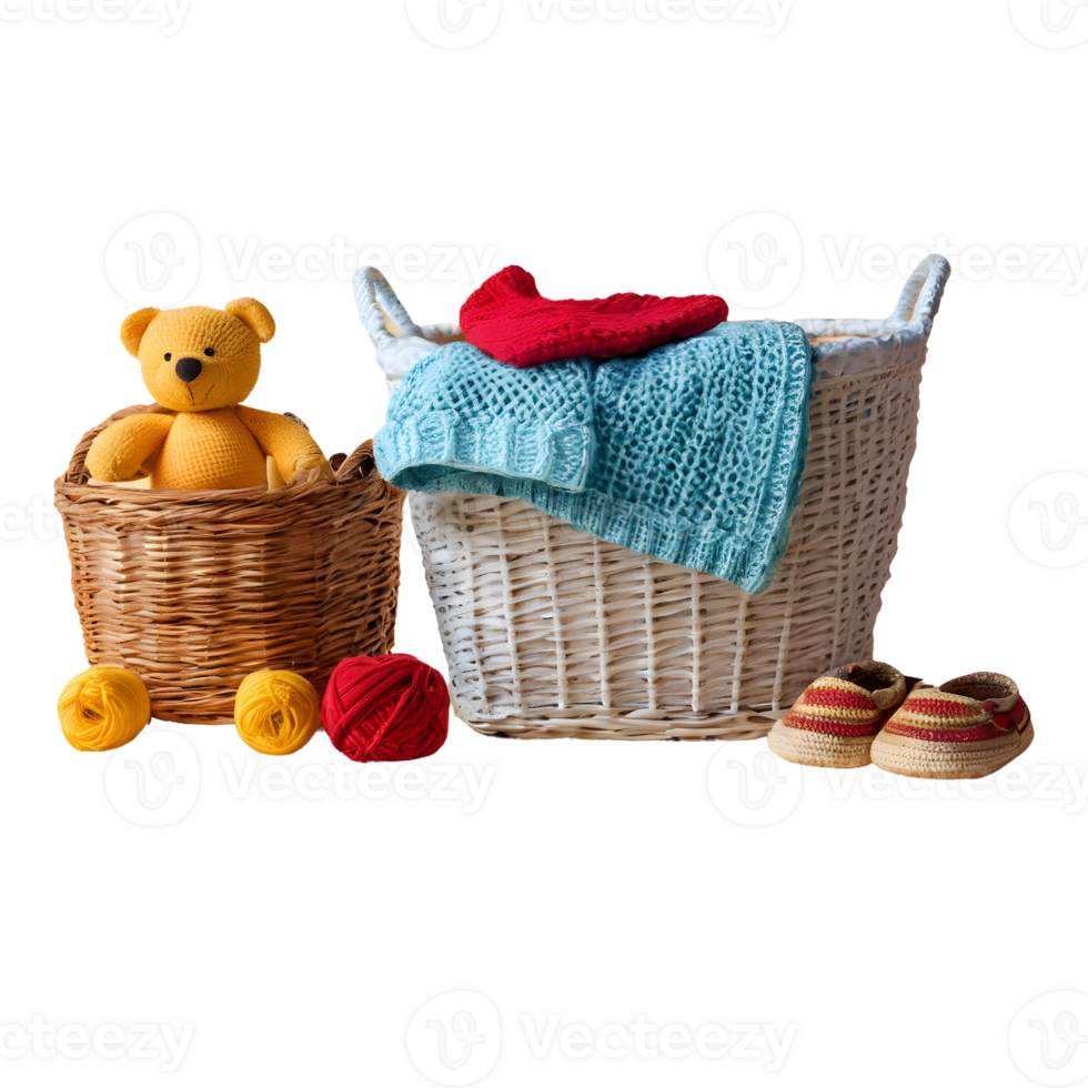 AI generated Baby clothes and crochet toys next to laundry basket on transparent background isolated png