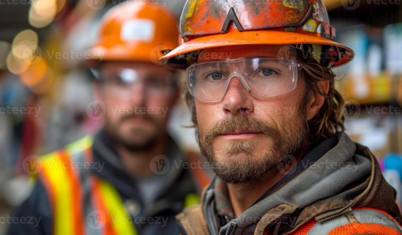 AI generated A construction worker wears a hard hat. Two men wearing hard hats and safety glasses stand at a construction site. photo