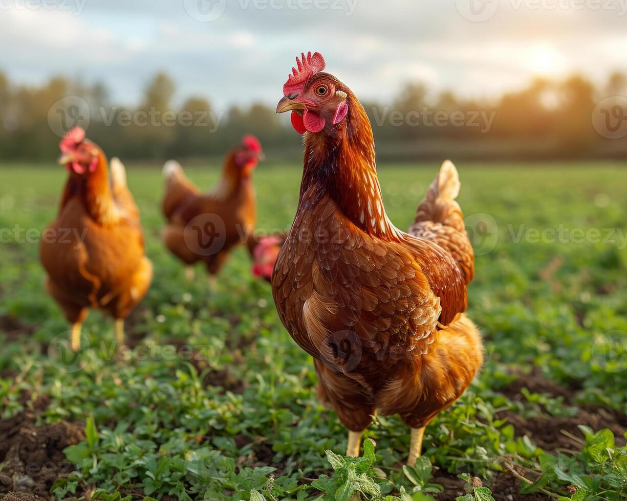 ai generado un grupo de pollos en pie en un campo. un grupo de pollos caminando a través de un vibrante verde campo en un ordenado formación. foto