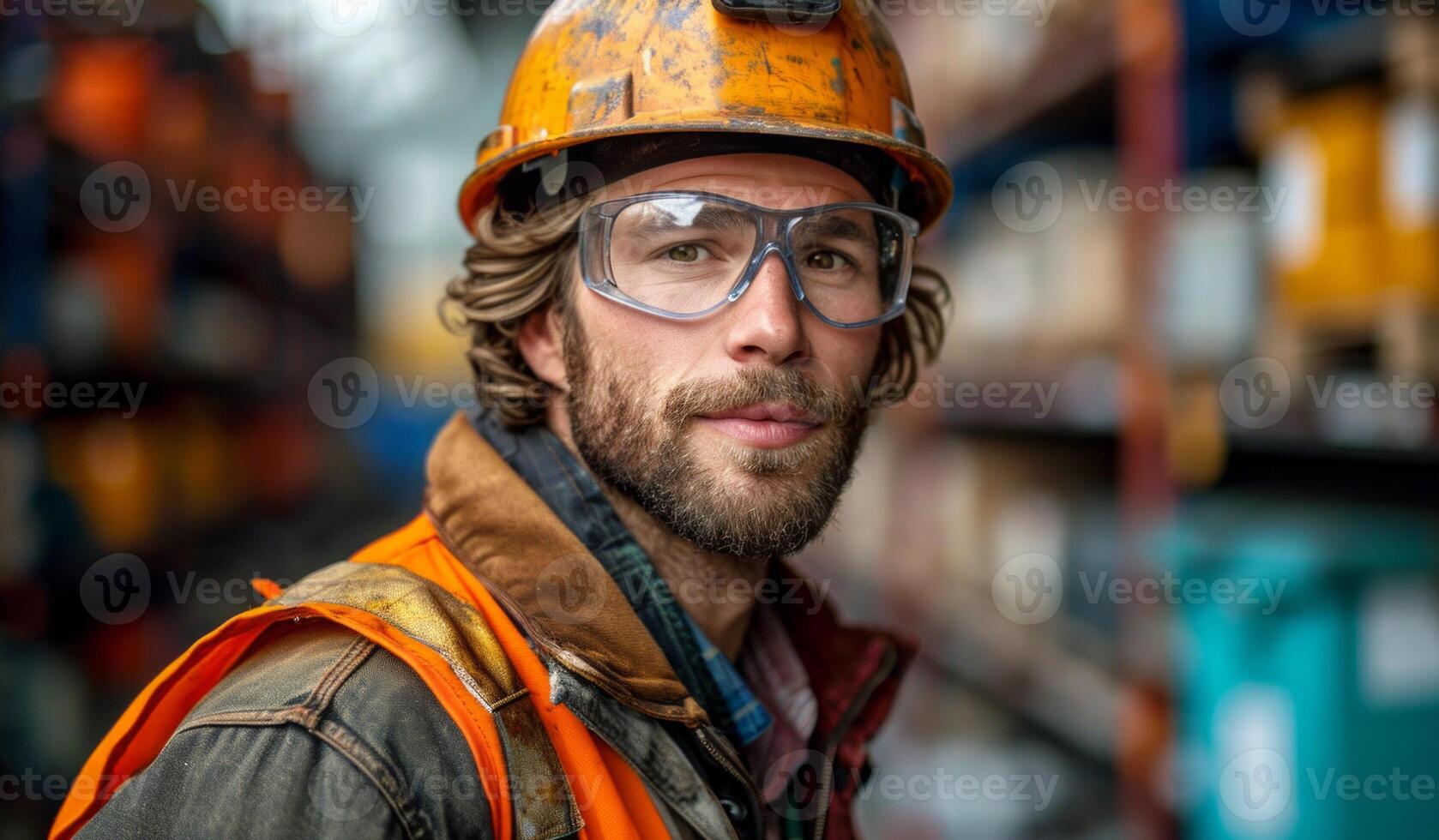 AI generated A construction worker wears a hard hat. A man in protective gear, including a hard hat and safety glasses, stands at a construction site. photo