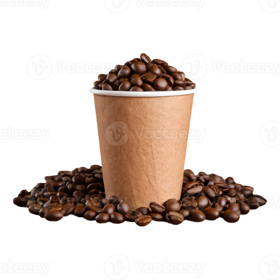 AI generated Coffee beans on a wooden table in a paper cup isolated