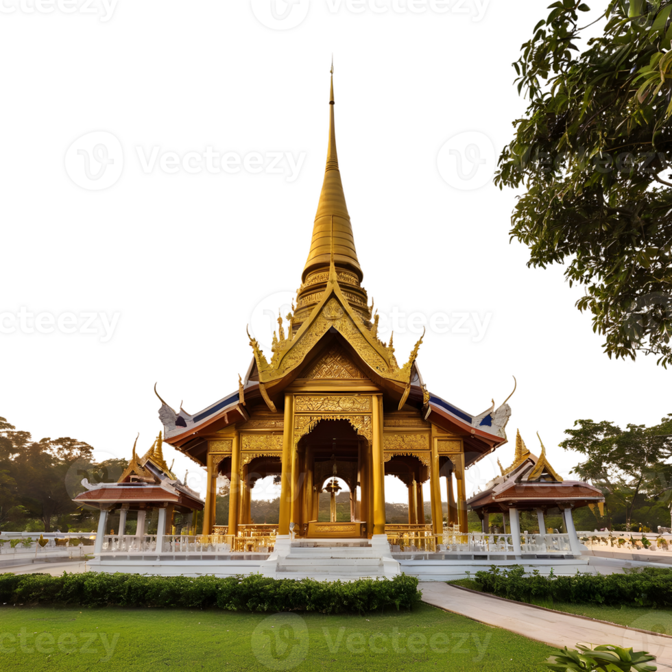 AI generated Thai style pavilion with a golden bell tower set against a transparent background isolated png