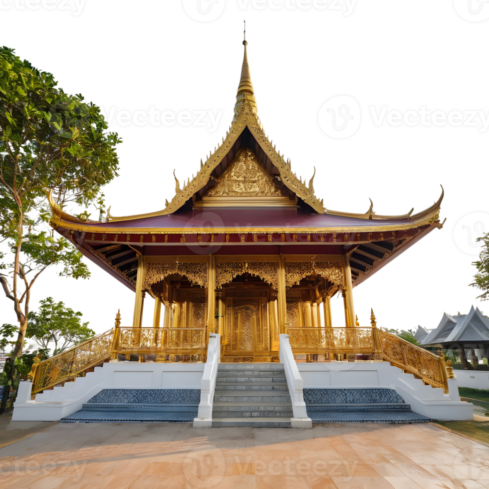 AI generated Thai style pavilion with a golden bell tower set against a transparent background isolated png