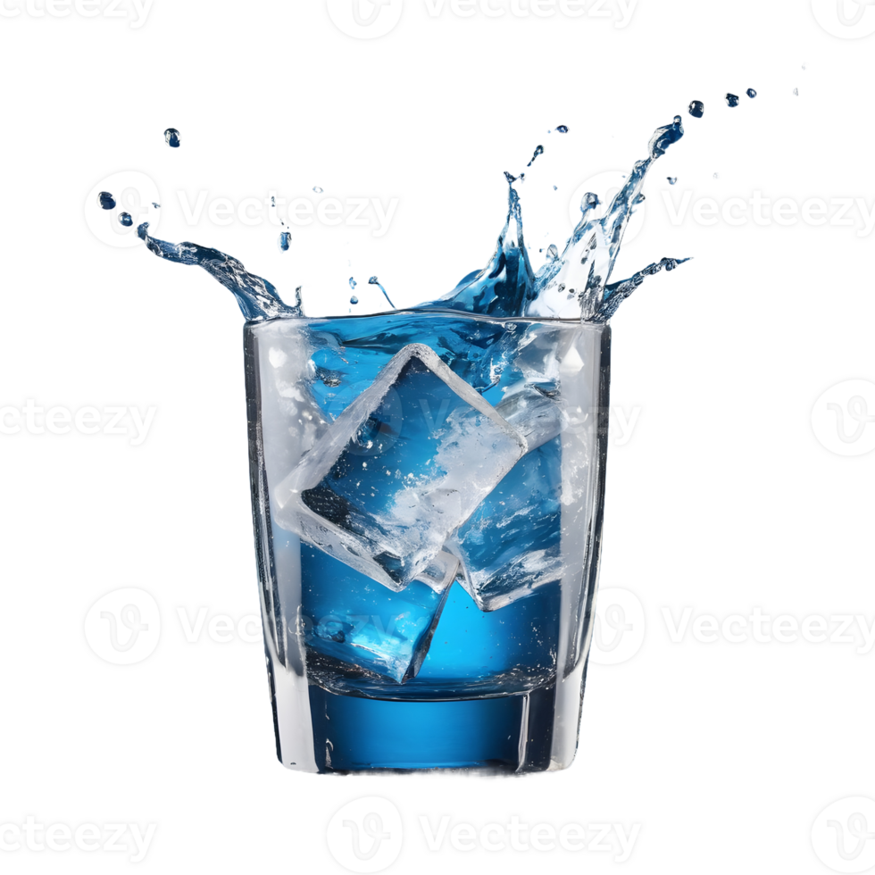 AI generated Ice cubes in a glass of water splashing on a transparent background isolated png