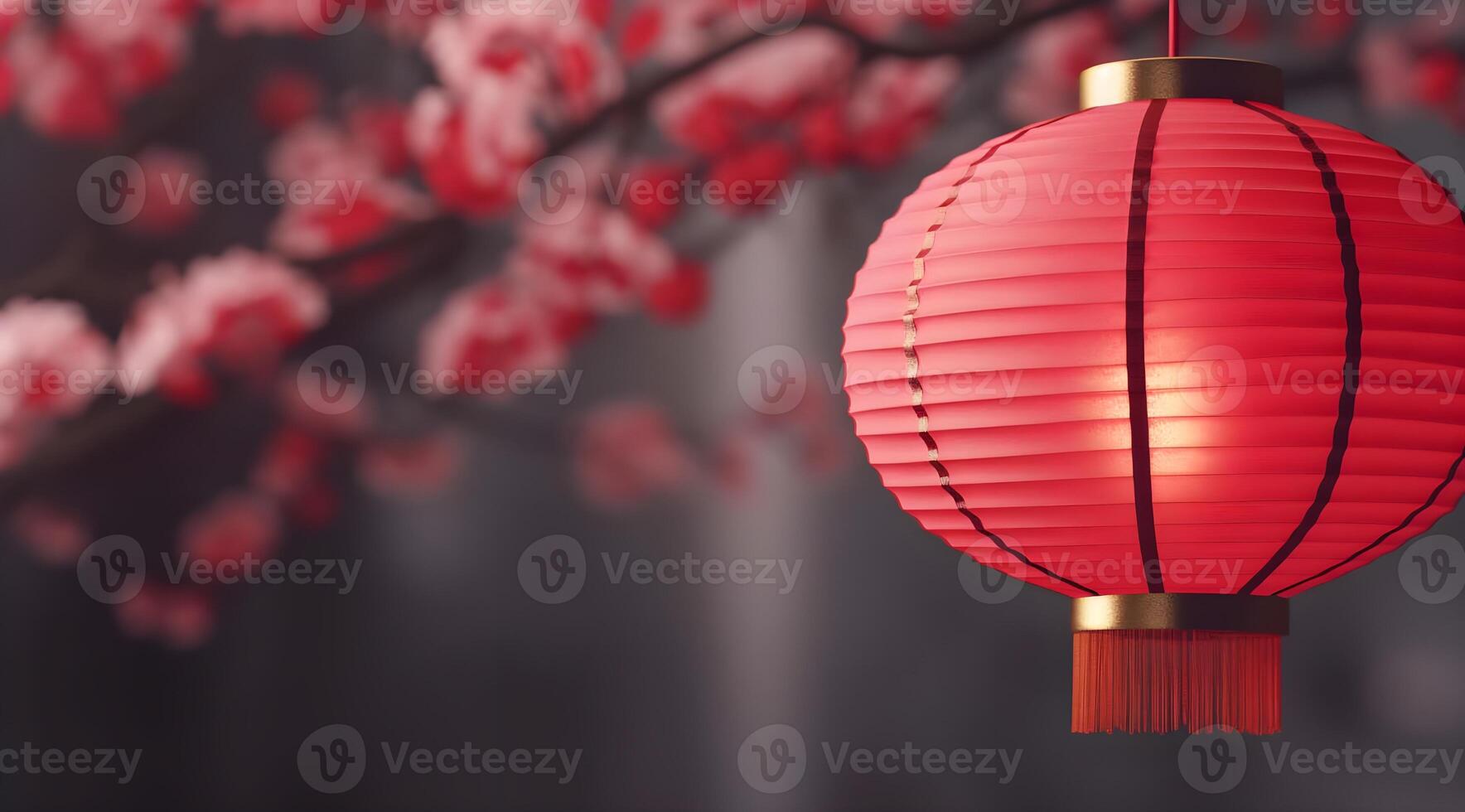 AI generated Chinese New Year red paper lanterns with cherry blossom. photo